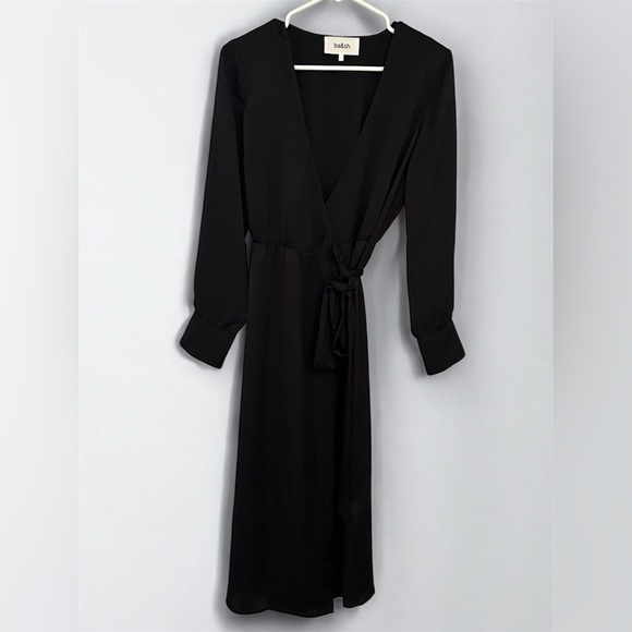 Ba&sh Women's Iris Dress Size 4 Small True Wrap Black Long Sleeve Midi Cocktail - Picture 3 of 12